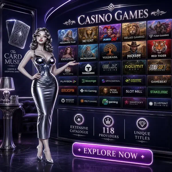 La Musa de las Cartas presentando fichas de juego brillantes de 118 proveedores en Winaura Casino Games